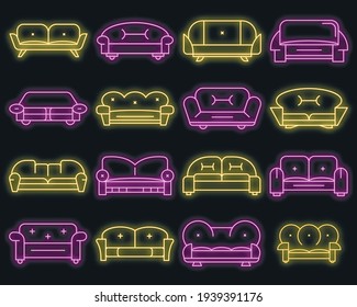 Sofa icon set. Outline set of sofa vector icons neon color on black