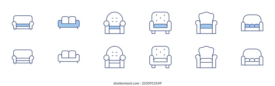 Sofa icon set in two styles, Duotone and Thin Line style. Editable stroke. sofa, couch, armchair.