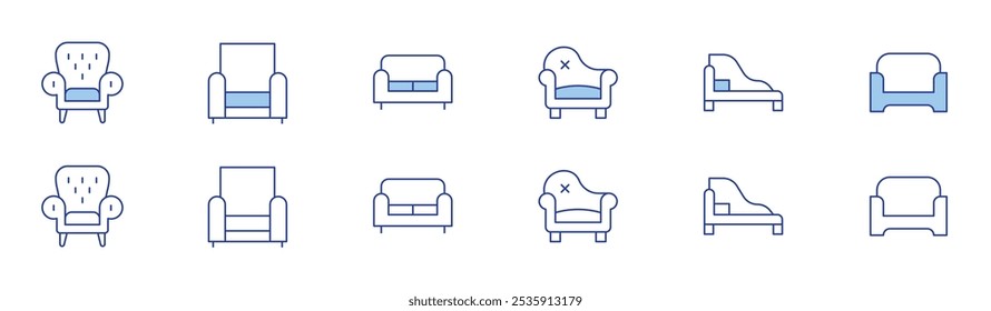 Sofa icon set in two styles, Duotone and Thin Line style. Editable stroke. armchair, couch, chaise longue.