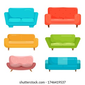 Sofa Icon Set Vector Illustration. Cartoon flat design of furniture couch seats, modern cozy armchair in different color, furnished living room interior for home apartment or office isolated on white