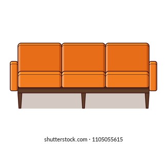 Sofa icon. Vector. Couch sign in flat design. Orange furniture. Linear retro illustration in line art style. Vintage house equipment for living room isolated on white background.