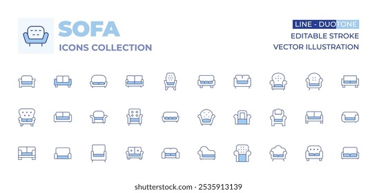 Sofa icons collection. Line Duotone style, editable stroke. armchair, sofa, couch.