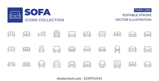 Coleção de ícones do sofá. Ícones de linha fina, curso editável. poltrona, chaise longue, treinador, sofá, cadeira, sofá.