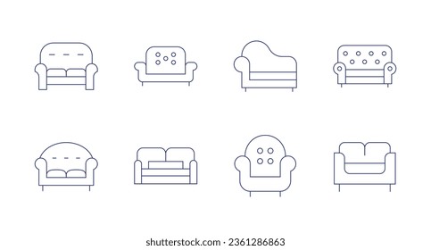 Sofas-Symbole. bearbeitbarer Strich. Sofa, Sofa und Schlafsofa.
