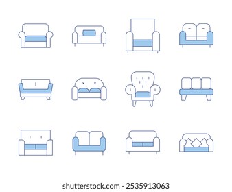 Iconos de sofá. Línea estilo Duotone, carrera editable. sofá, sillón, sofá.