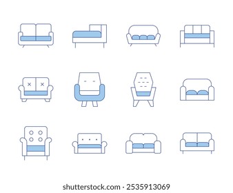 Sofa icons. Line Duotone style, editable stroke. sofa, armchair, chaise longue, coach, couch.