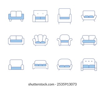 Sofa icons. Line Duotone style, editable stroke. armchair, couch, sofa.