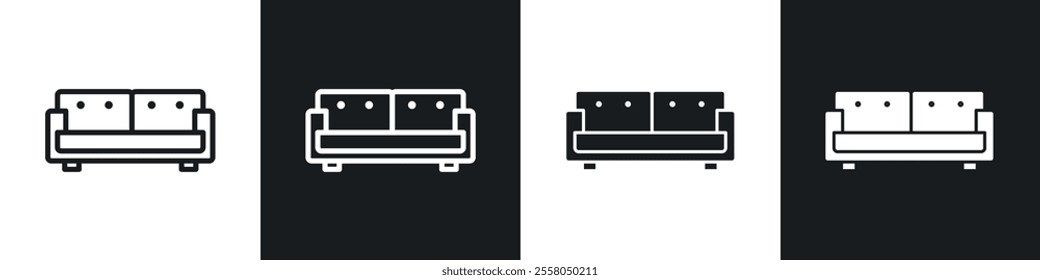 Sofa icons pack in black and white filled and outlined versions.