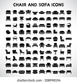 sofa icons set, chair icons set, furniture and interior design collection