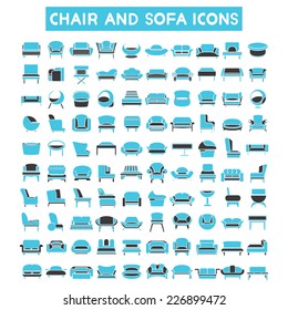 sofa icons set, chair icons set, interior furniture design icons, blue color theme
