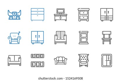 sofa icons set. Collection of sofa with closet, armchair, cupboard, chair, chest of drawers, nightstand, tv table, furniture. Editable and scalable sofa icons.