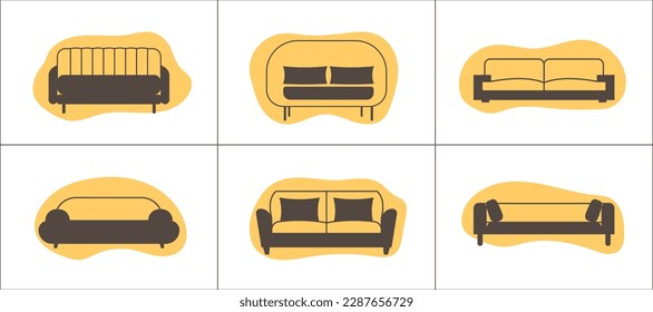 Sofa icons set in flat style. Furniture icons on abstract shapes backgrounds.