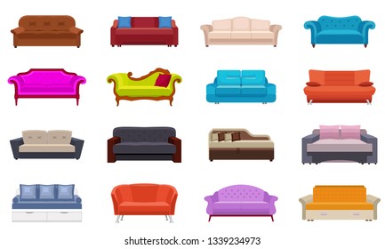 Sofa-Symbole gesetzt. Flachsatz Sofa-Vektorsymbole für Webdesign