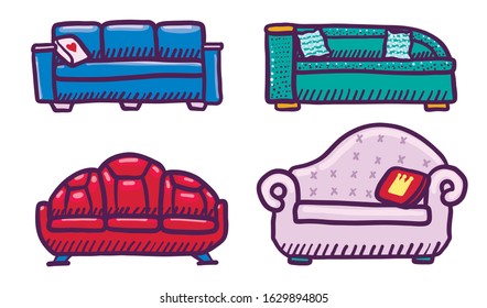 Sofa icons set. Hand drawn set of sofa vector icons for web design
