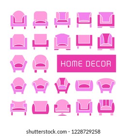 sofa icons set, pink color theme
