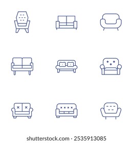 Sofa icons set. Thin Line style, editable stroke. sofa, armchair.