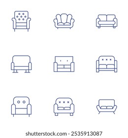 Sofa icons set. Thin Line style, editable stroke. sofa, armchair, chair, couch.