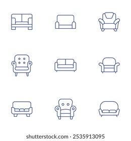 Sofa icons set. Thin Line style, editable stroke. armchair, couch, sofa.