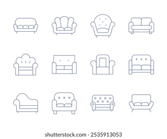 Sofa-Symbole. Stil der dünnen Linie, bearbeitbarer Strich. Sessel, Couch, Sofa.