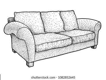 Sofa illustration, drawing, engraving, ink, line art, vector