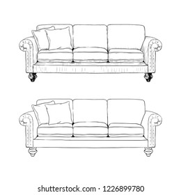 
Sofa. Image of a sofa with cushions. Hand drawn vector illustration on white background. Interior sketch.