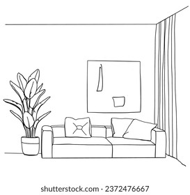 Sofa in interior. Living room sketch