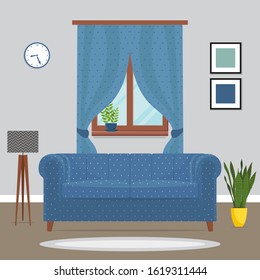 Sofa in interior with window. Living room. Cute vector illustration in flat style