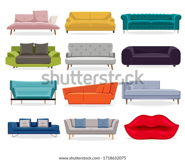 Sofa isolated. Comfort classic couch and modern\
divan for living room. Vector sofa flat illustration set with cozy\
couch. Comfortable home furniture on white background. Isolated\
sofa in shape of lips