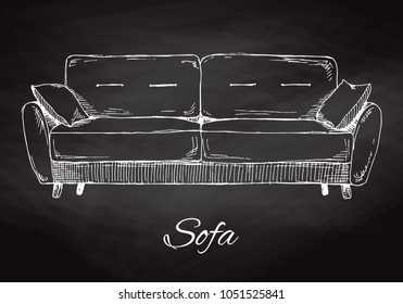 Sofa isolated on chalkboard. Vector illustration in a sketch style.