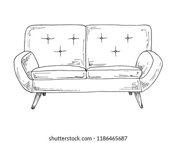 Sofa Isolated On White Background. Vector Illustration In A Sketch Style.