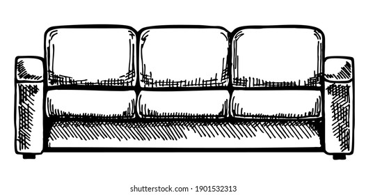 Sofa isolated on white background. Illustration in a sketch style. Linear sketch of an interior. Hand drawn vector illustration of a sketch style.