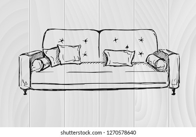 Sofa isolated on wooden background. Vector illustration in a sketch style.