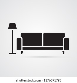 Sofa with lamp for illustration of furniture, home, interior, comfort. Symbol of living room. Carved silhouette flat icon, simple vector design.