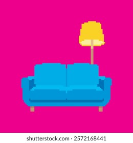 sofa and lamp pixel art, vector illustration on isolated background.
