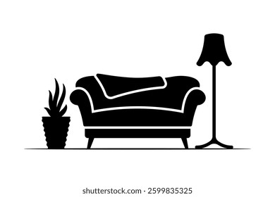 Sofa, lamp and plant icon. Black silhouette. Front side view. Vector simple flat graphic illustration. Isolated object on white background. Isolate.