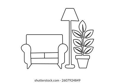Sofa with lamp and potted one line art with minimalist isolated outline vector icon