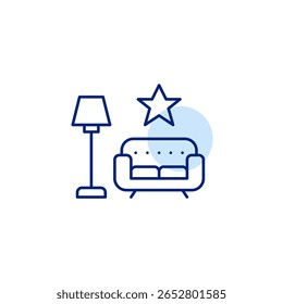 Sofá, lâmpada e estrela. Casa acolhedora, móveis premium e vida moderna. Pixel perfeito, ícone de vetor de traçado editável