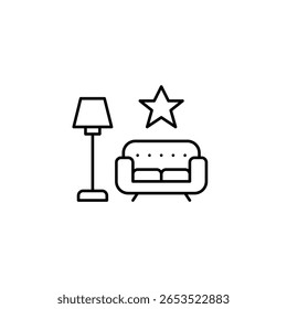 Sofá, lâmpada e estrela. Casa acolhedora, móveis premium e vida moderna. Pixel perfeito, ícone de vetor de traçado editável