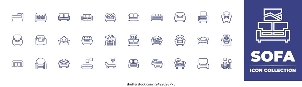 Colección de iconos de la línea de software. Trazo editable. Ilustración vectorial. Consta de sofá, sofá, sillón, taburete, tumbona, salón.
