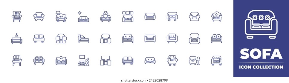 Colección de iconos de la línea de software. Trazo editable. Ilustración vectorial. Consta de sala, sofá, tumbona, sillón, sillón y sofá.