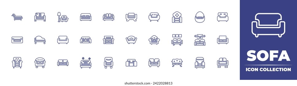 Sofa line icon collection. Editable stroke. Vector illustration. Containing sofa, armchair, fixed sofa, settee, couch, seat, living room.