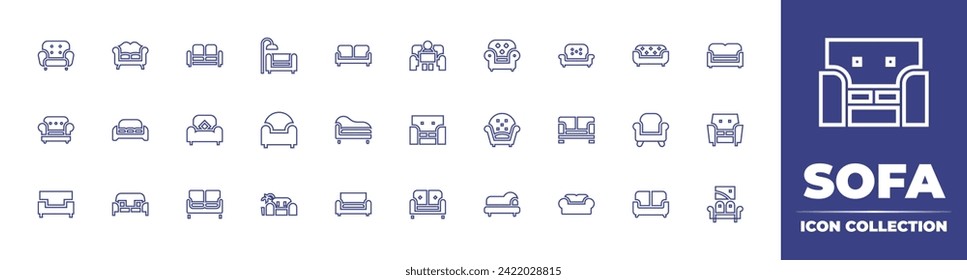 Colección de iconos de la línea de software. Trazo editable. Ilustración vectorial. Consta de sofá, sofá cama, tumbona, sofá, sillón, sofá y cama individual.