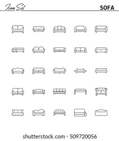 Sofa line icon. High quality outline vector pictogram on the topic of Sofa . Black line elements for web design or mobile app, logo, company's visit card, etc. Vector button EPS 10.