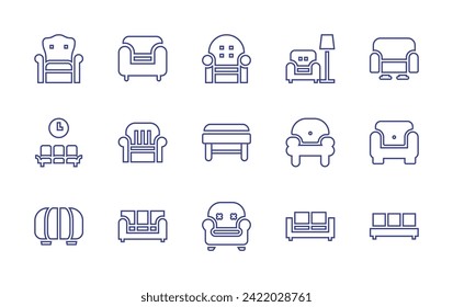 Sofa line icon set. Editable stroke. Vector illustration. Containing armchair, couch, chair, rest, waiting room, bench, sit down, tuffet, coach.