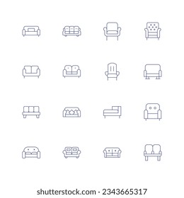 Sofa line icon set on transparent background with editable stroke. Containing sofa, armchair, chair, chaise longue, couch.