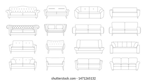 Sofa-Linien-Symbole. Möbeldesign. Bequeme Couchkollektion einzeln auf weißem Hintergrund für Innenausstattung. Kollektion von Sofa-Illustration.