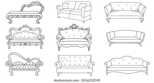 Sofa line Icons. Furniture design. Collection of sofa illustration. Modern furniture set isolated on white background.