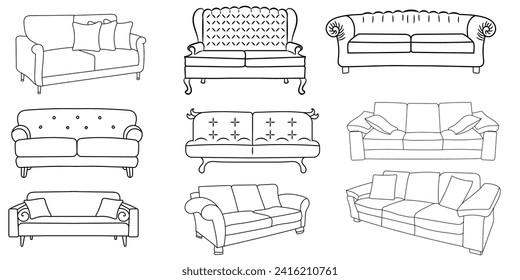 Sofa line Icons. Furniture design. Collection of sofa illustration. Modern furniture set isolated on white background.