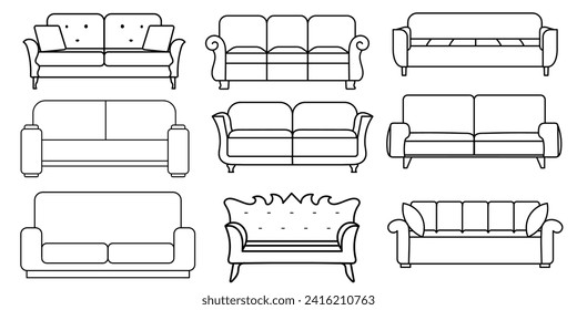 Sofa line Icons. Furniture design. Collection of sofa illustration. Modern furniture set isolated on white background.