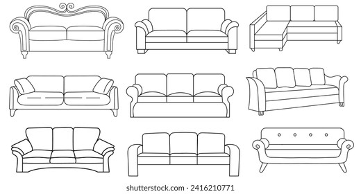 Iconos de la línea Sofa. Diseño del mobiliario. Colección de la ilustración del sofá. Mobiliario moderno aislado de fondo blanco.